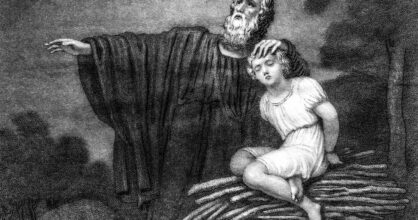 Mustavalkoinen kuva, jossa Abraham on asettanut sidotun Iisakin polttopuiden päälle.