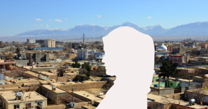 Kaupunki Afganistanissa ja hunnutetun naisen siluetti.