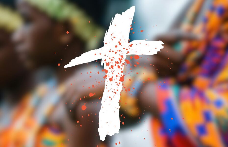 Sumennettu kuva afrikkalaisesta naisesta. Päällä risti.