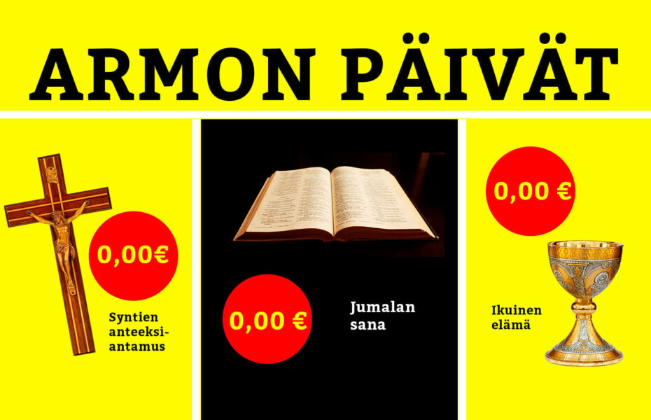 Keltaisella taustalla risti, Raamattu ja ehtoollispikari, joiden vieressä on hinta nolla euroa.