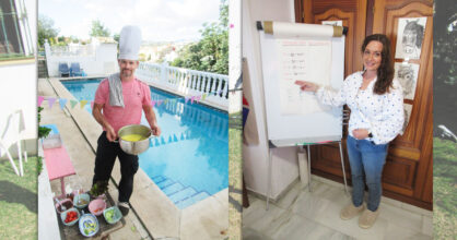 Kaksi kuvaa. Toisessa miehellä on kokin hattu päässä, ja hän laittaa ruokaa uima-altaalla. Toisessa kuvassa on nainen, joka osoittaa sormellaan taululle.