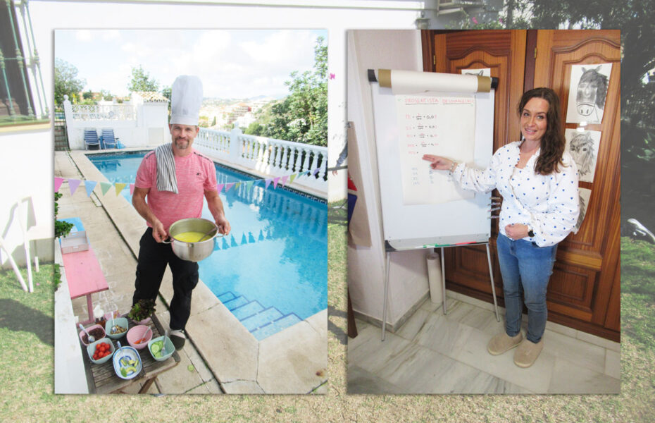Kaksi kuvaa. Toisessa miehellä on kokin hattu päässä, ja hän laittaa ruokaa uima-altaalla. Toisessa kuvassa on nainen, joka osoittaa sormellaan taululle.