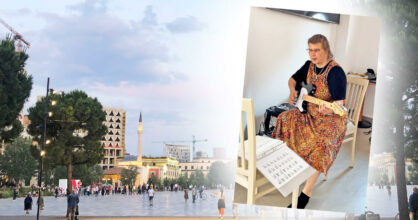 Kollaasi. Taustalla albanialainen kaupunki ja kuva Eija Karvisesta soittamassa kitaraa.