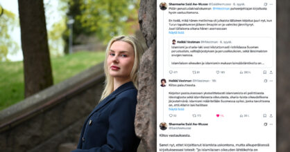 Elina Hiltunen nojaa kiviseen muuriin. Kuvakaappaus Twitter-keskustelusta.