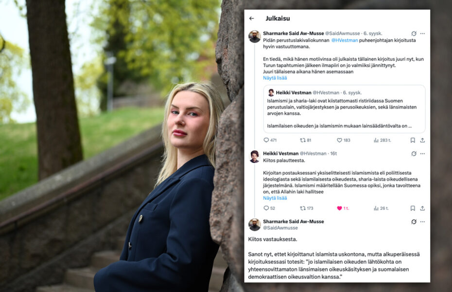 Elina Hiltunen nojaa kiviseen muuriin. Kuvakaappaus Twitter-keskustelusta.