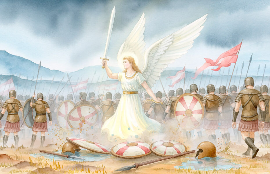 Enkeli seisoo miekka kädessä sotatantereella.