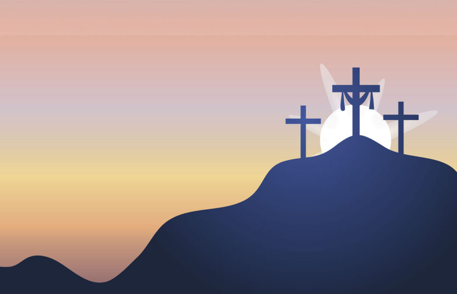 Kolme ristiä mäen päällä. Takaa nousee aurinko.