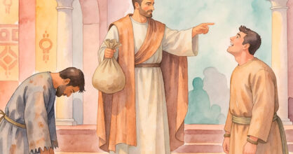 Piirros. Hallitsija pitää kädessään säkissä. Hän ojentaa sen hymyilevälle miehelle. Toinen mies roikottaa päätään.