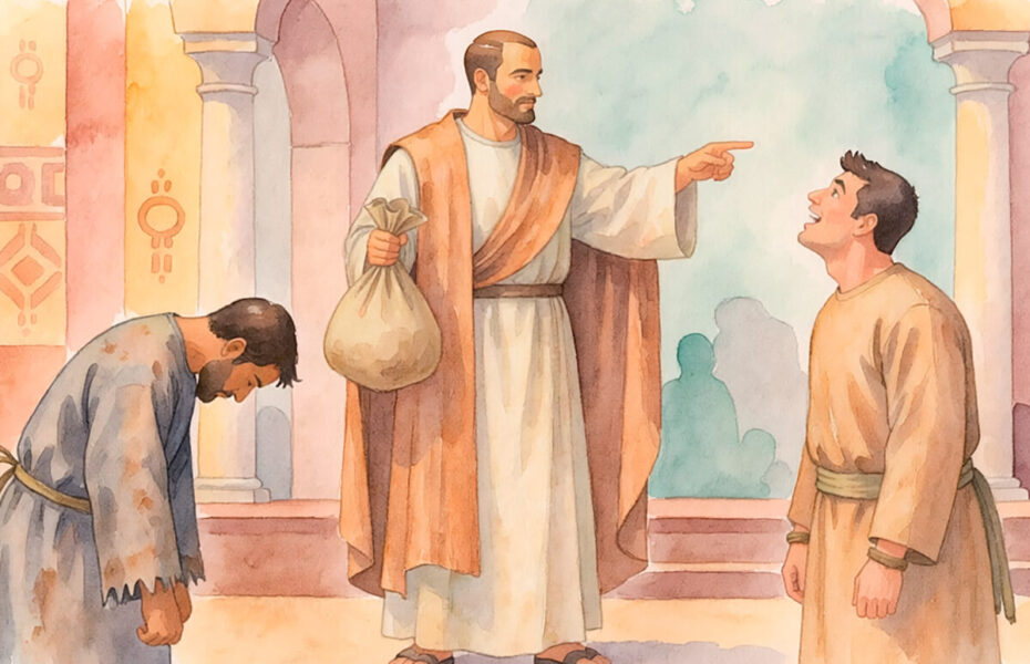 Piirros. Hallitsija pitää kädessään säkissä. Hän ojentaa sen hymyilevälle miehelle. Toinen mies roikottaa päätään.