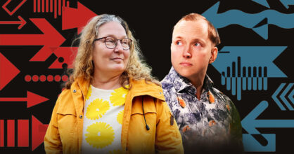 Hanna Kelokaski ja Roni Arvonen. Heidän takanaan on sinisen ja punaisen värisiä nuolia.