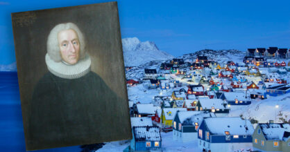 Taustalla kuva grönlantilaisista taloista. Päällä vanha maalaus papista.