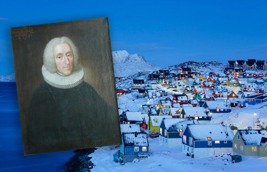 Taustalla kuva grönlantilaisista taloista. Päällä vanha maalaus papista.