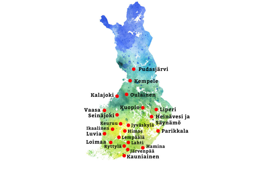 Suomen kartta, jolle on merkattu paikkakuntia.