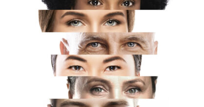 kuvassa näkyy päällekkäin eri näköisten ihmisten silmiä