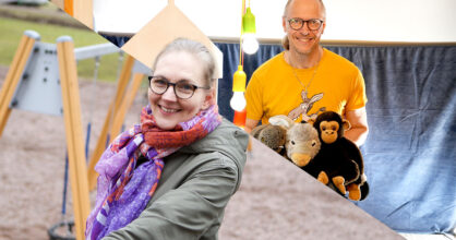 Kaksi kuvaa. Toisessa nainen leikkipuistossa. Toisessa on mies, joka pitelee pehmoleluja sylissään.