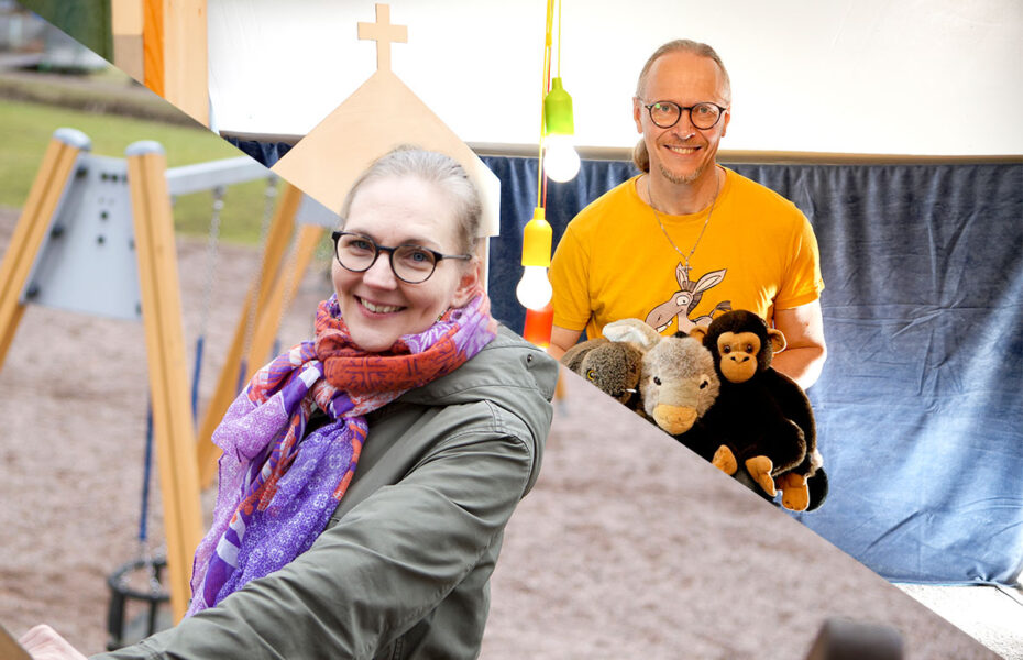 Kaksi kuvaa. Toisessa nainen leikkipuistossa. Toisessa on mies, joka pitelee pehmoleluja sylissään.