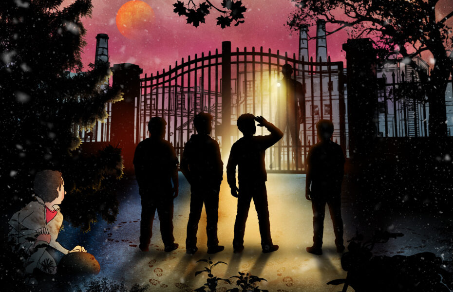 Neljän pojan silhuetti näkyy pimeän metsän reunalla. He katsovat kohti porttia, josta kajastaa taskulampun valo.