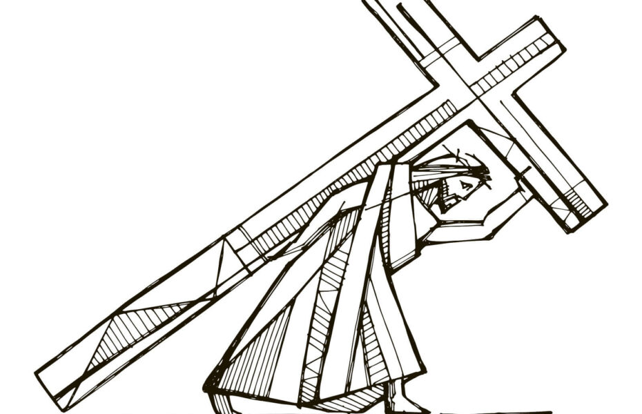 Piirroskuva Jeesuksesta, joka kantaa ristiä.