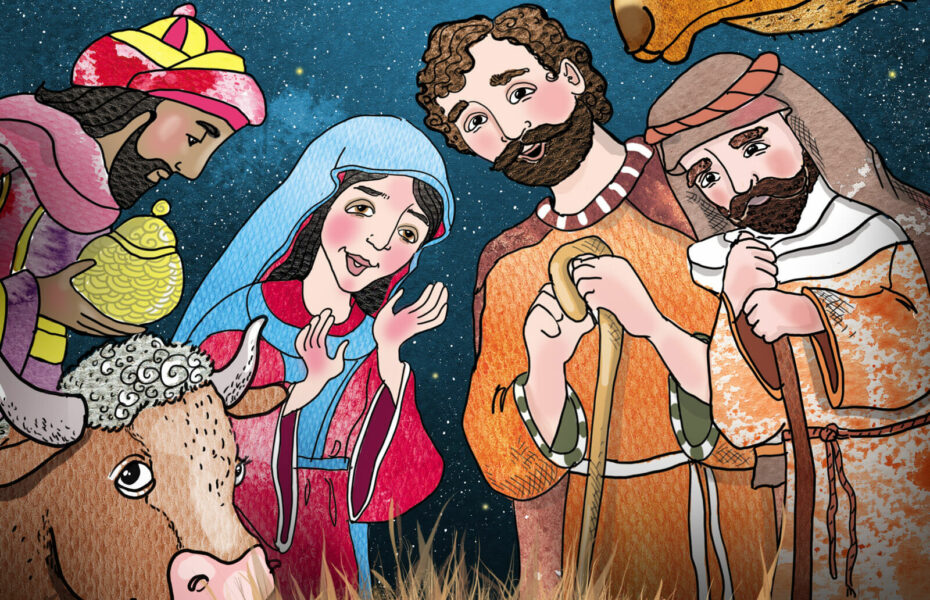 Maailma Jeesus-vauvan näkökulmasta. Hän näkee yläpuolellaan Marian, Joosefin, eläimiä, tietäjät ja paimenet.