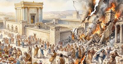 Piirros Jerusalemin temppelistä, joka liekehtii.