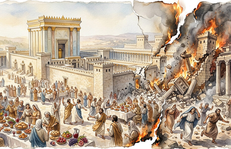 Piirros Jerusalemin temppelistä, joka liekehtii.