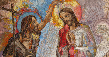 Mosaiikki, jossa Johannes Kastaja kastaa Jeesuksen.