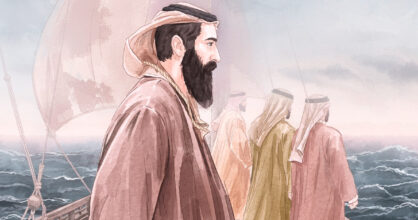 Piirros, jossa mies seisoo veneessä kolmen muun kanssa.