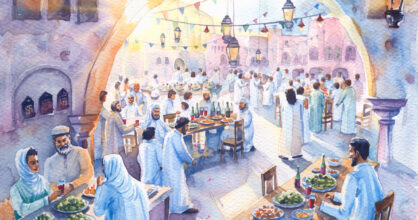 Piirros Lähi-idästä. Juhlat, joissa on ruokaa ja viiniä.