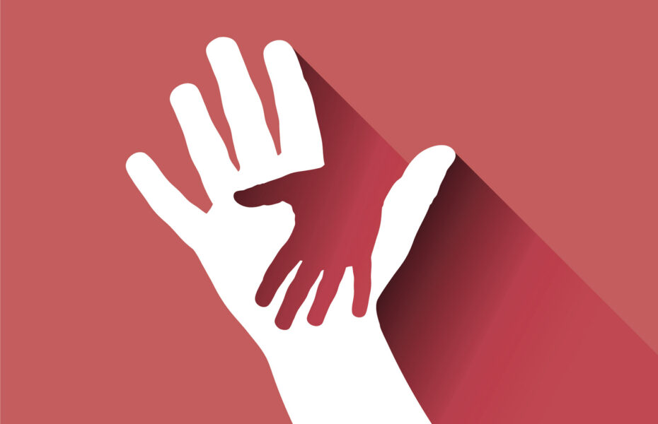 Punainen tausta, jossa on valkoinen aikuisen käsi ja sen päällä lapsen käsi.