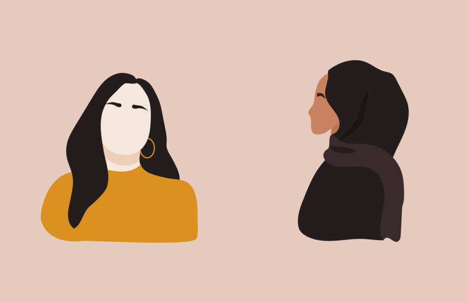 Piirroskuva kahdesta naisesta, joilla toisella on hiukset vapaasti auki ja toisella on huntu.