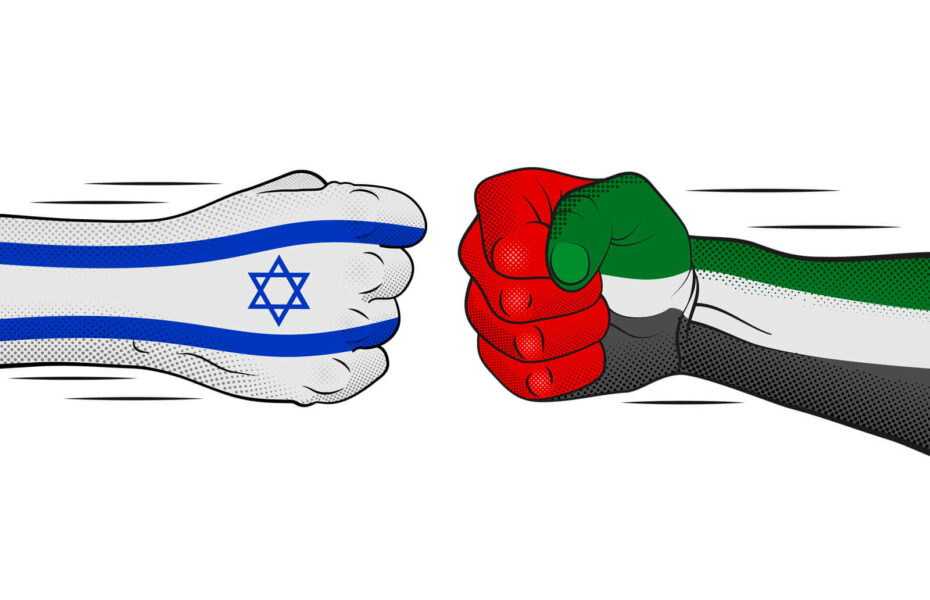 Kaksi nyrkkiä. Toinen on kuvioitu Israelin lipun ja toinen Palestiinan lipun väreillä.