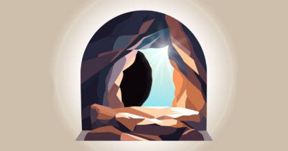 Kalliohaudan kivi on pois, ja auringon valo paistaa hautaan.