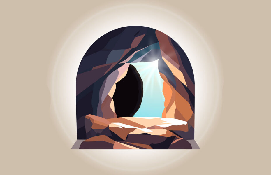 Kalliohaudan kivi on pois, ja auringon valo paistaa hautaan.