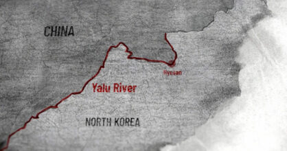 Kartta, johon on merkitty Kiinan ja Pohjois-Korean rajajoki.