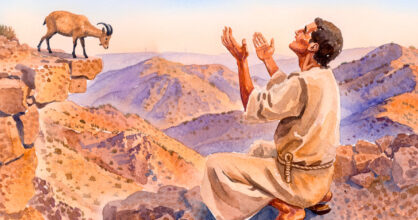 Karu maisema Lähi-idässä. Vuohi seisoo jyrjänteellä. Mies rukoilee kädet ojentautuneina kohti taivasta.