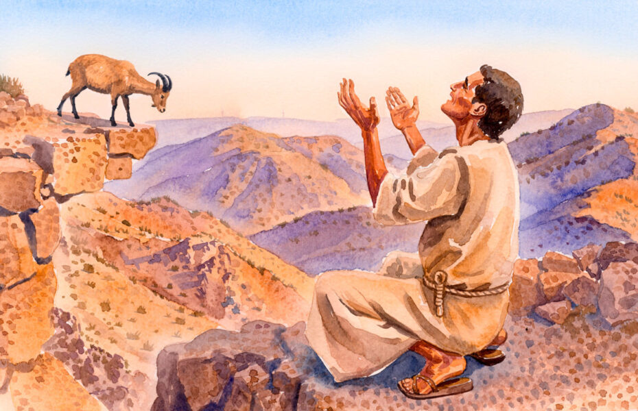 Karu maisema Lähi-idässä. Vuohi seisoo jyrjänteellä. Mies rukoilee kädet ojentautuneina kohti taivasta.