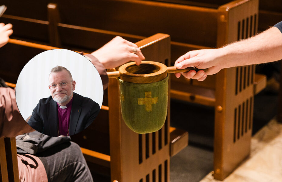 Kolehtihaavi, johon käsi laittaa kolikon. Lisäksi pieni kuva piispa Jari Jolkkosesta.