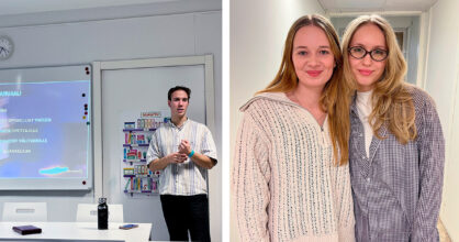 Kaksi kuvaa vierekkäin. Ensimmäisessä Konsta Riihinen seisoo luokan edessä. Opetustaululle on heijastettu tekstiä. Toisessa ovat Helmi Korhonen ja Venla Perälä.