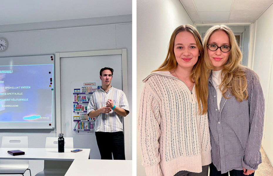 Kaksi kuvaa vierekkäin. Ensimmäisessä Konsta Riihinen seisoo luokan edessä. Opetustaululle on heijastettu tekstiä. Toisessa ovat Helmi Korhonen ja Venla Perälä.