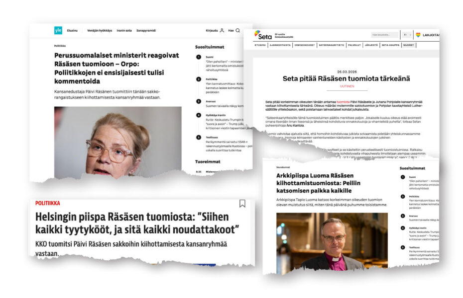 Neljä leikekuvaa lehdistä ja verkkosivuilta.