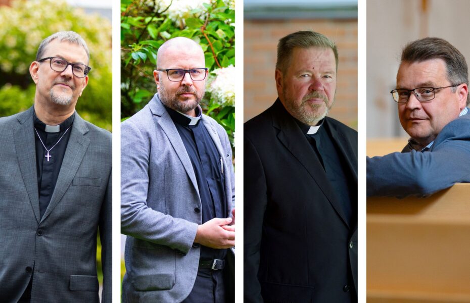 Neljään osaan jaettu kuva, jossa on jokaisessa osassa pappi.