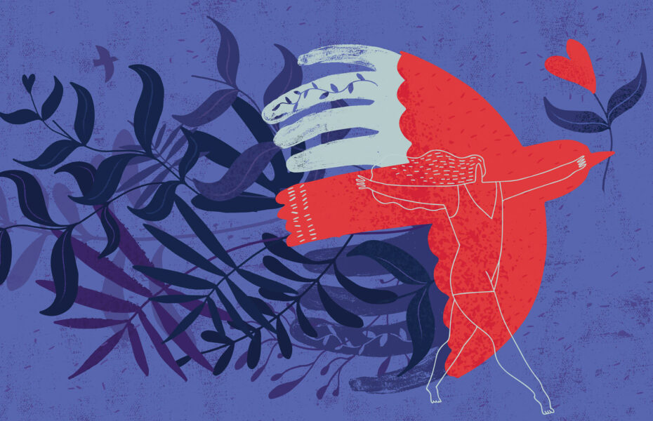 Piirros kyyhkysestä ja naisesta.