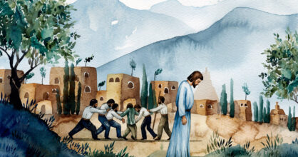 Piirros Lähi-idästä. Miesjoukko on yhden kimpussa. Sivusta seuraaja katselee toiseen suuntaan.