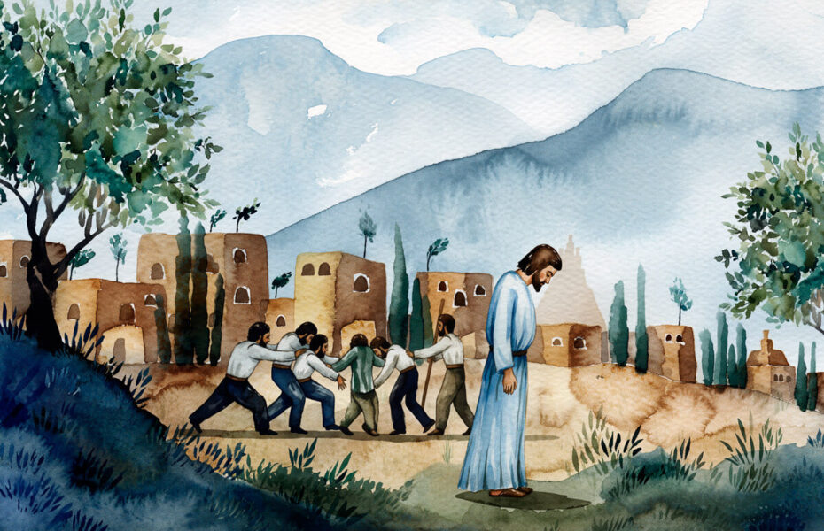 Piirros Lähi-idästä. Miesjoukko on yhden kimpussa. Sivusta seuraaja katselee toiseen suuntaan.