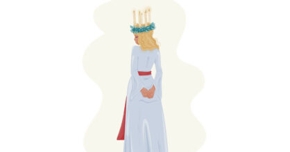 Piirros Lucia-neidosta, jolla on valkoinen mekko ja kynttelikkö päässä.