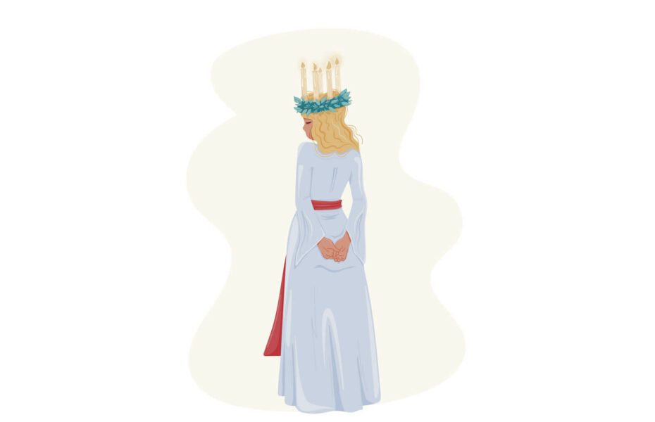 Piirros Lucia-neidosta, jolla on valkoinen mekko ja kynttelikkö päässä.