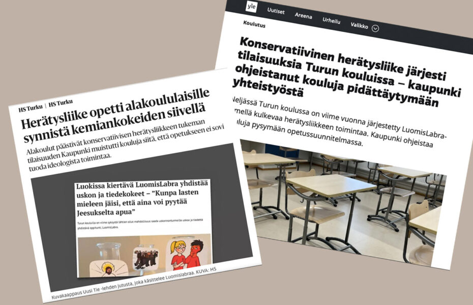 Ylen ja Helsingin Sanomien artikkelit harmaalla taustalla.