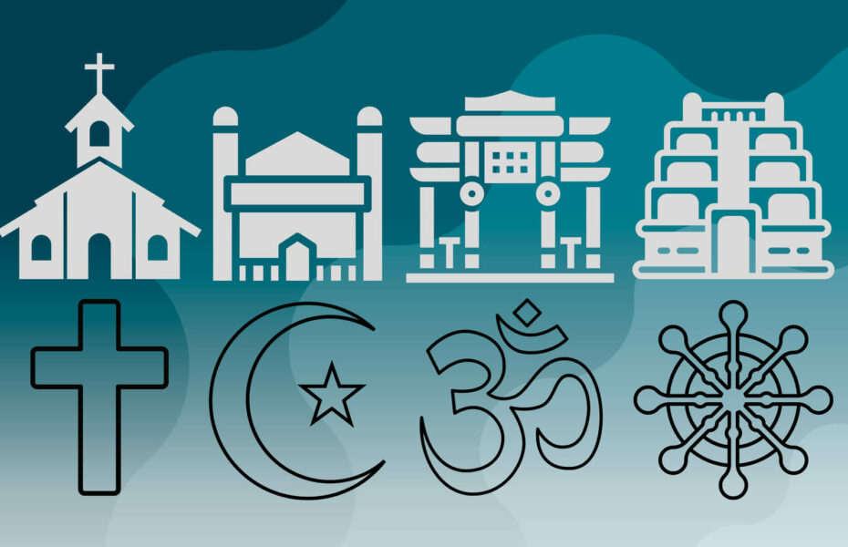 Piirroskuvassa näkyy eri uskontojen symboleita sekä uskonnonharjoituspaikkoja.
