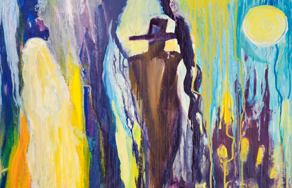 Värikäs maalaus, jossa on tumma hattupäinen hahmo.