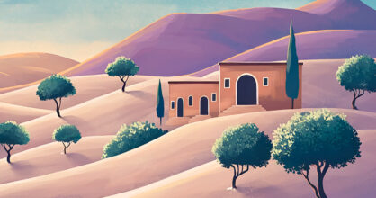 Aavikkoa, puita ja tasakattoinen kivitalo.